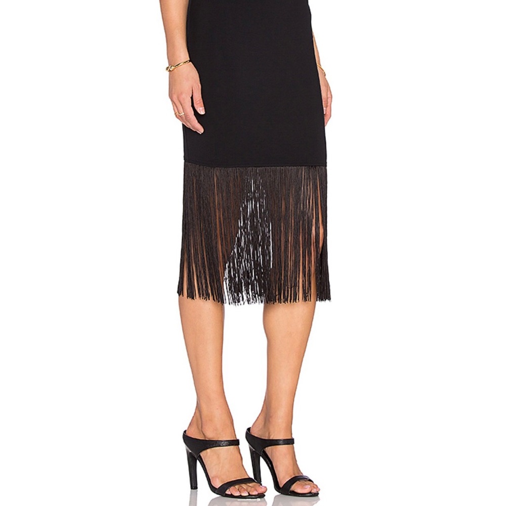 Black Midi Bodycon Skirt with Fringe Hem size XS New `Revolve Twenty‘